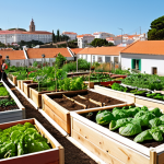 A vibrant community garden in a sunny neighborhood in Portugal. Lush vegetables and herbs grow in raised beds, tended by diverse, smiling people of all ages. Focus on the joy of collaboration and sustainable living. Portuguese architecture visible in the background. Warm, inviting atmosphere.