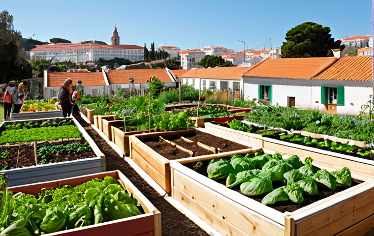 A vibrant community garden in a sunny neighborhood in Portugal. Lush vegetables and herbs grow in raised beds, tended by diverse, smiling people of all ages. Focus on the joy of collaboration and sustainable living. Portuguese architecture visible in the background. Warm, inviting atmosphere.