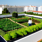 Home 6 회복력 있는 도시 설계의 원칙 - **Prompt:** "Lush green roof garden atop a modern apartment building in Lisbon, Portugal, filled wit...