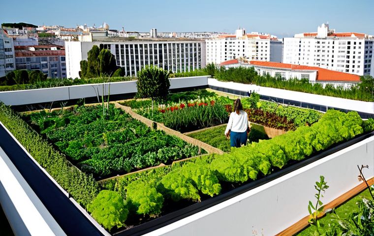 회복력 있는 도시 설계의 원칙 - **Prompt:** "Lush green roof garden atop a modern apartment building in Lisbon, Portugal, filled wit...