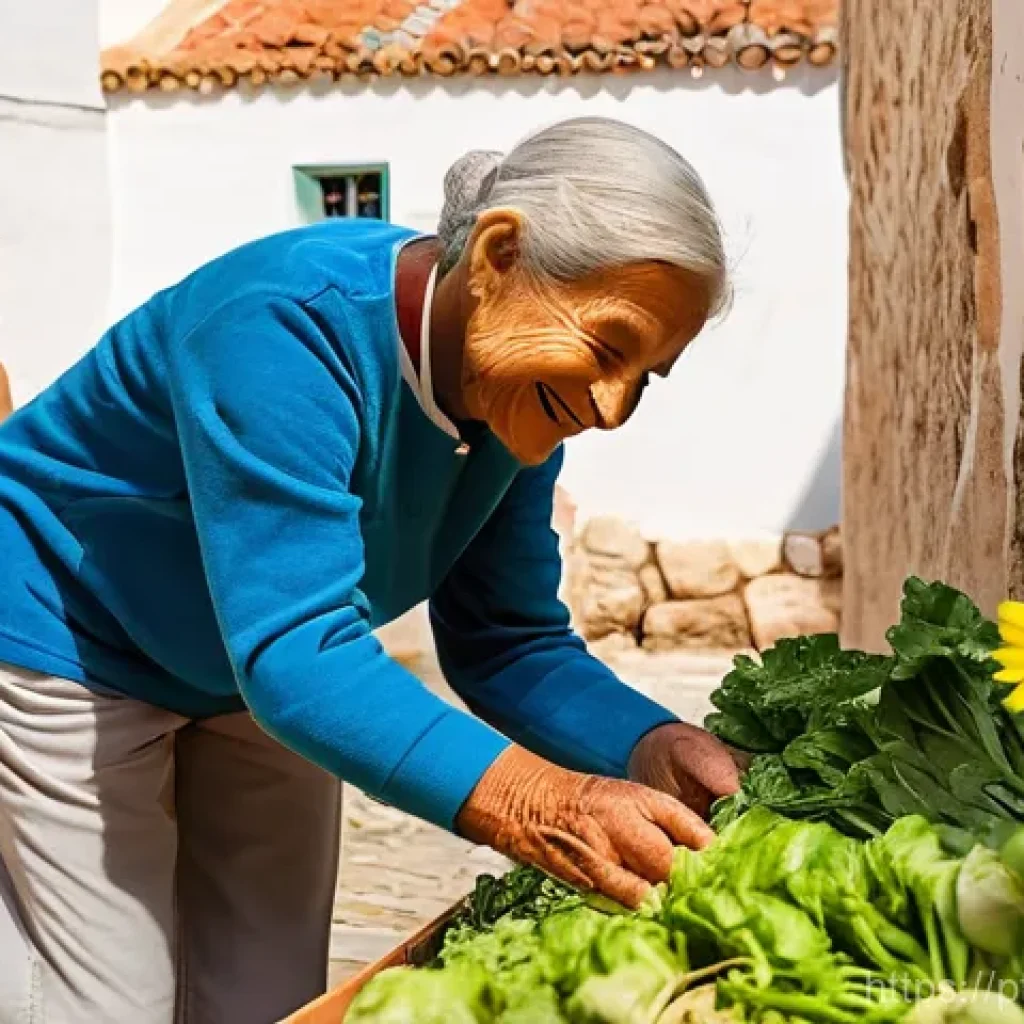 기후 변화 대응을 위한 커뮤니티 리더십 - **"Community Garden in a Portuguese Village":** A vibrant and bustling scene in a sun-drenched, trad...