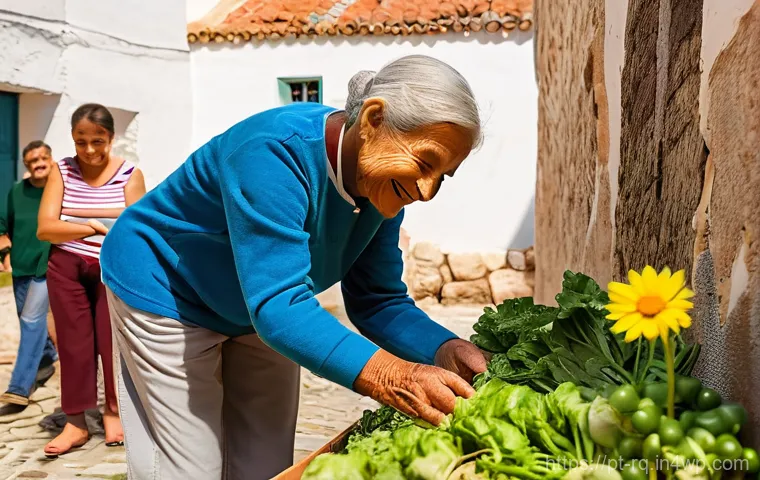 기후 변화 대응을 위한 커뮤니티 리더십 - **"Community Garden in a Portuguese Village":** A vibrant and bustling scene in a sun-drenched, trad...