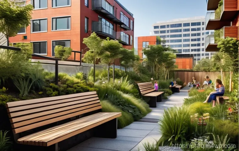 기후 회복력 증진을 위한 정책 제안 - **Prompt:** A bustling, diverse urban park designed with extensive green infrastructure elements. In...