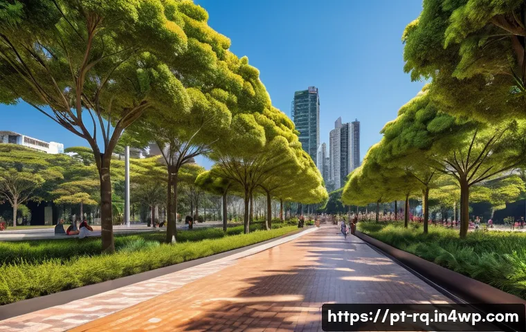 기후 회복력과 도시 재생의 관계 - A vibrant urban park in São Paulo featuring lush green trees, diverse flowering plants, and a large ...