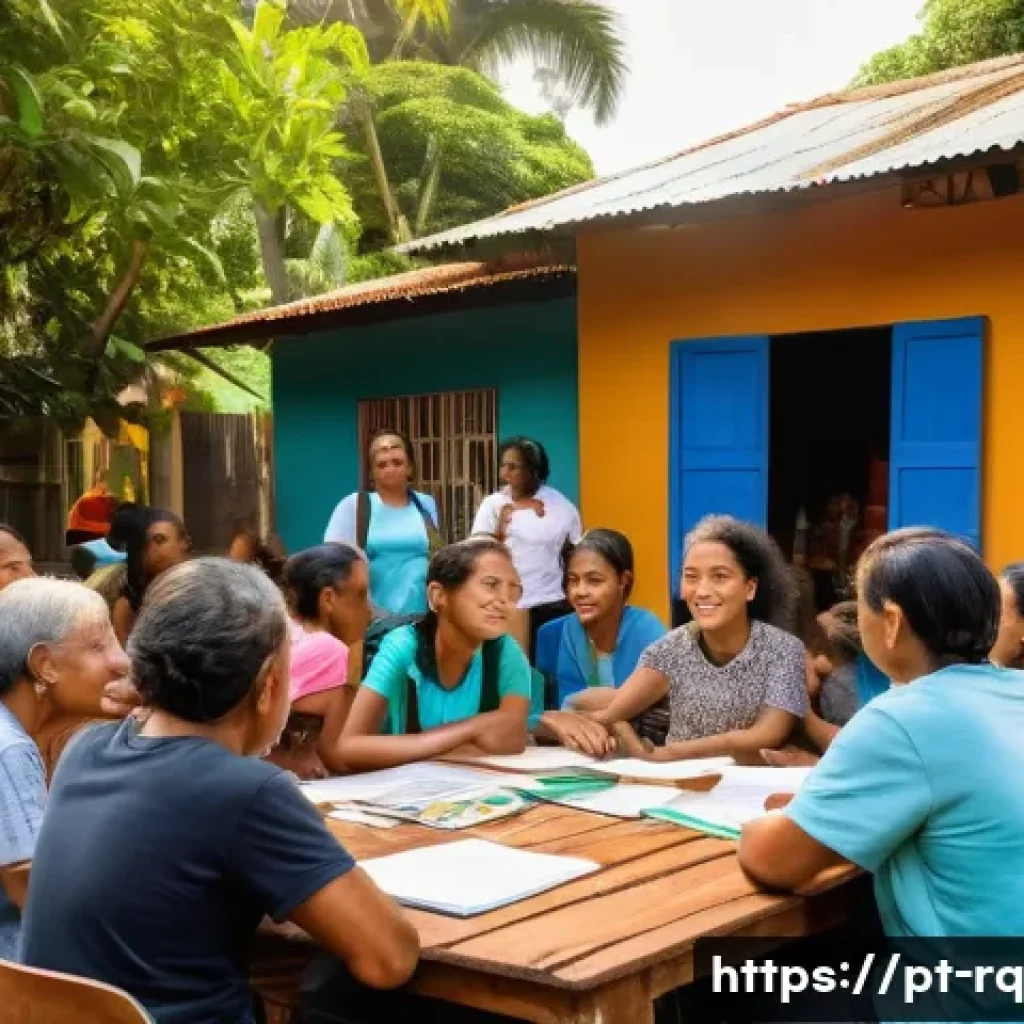 기후 변화에 대응하기 위한 주민 참여 방법 - A vibrant community environmental group meeting outdoors in a sunny Brazilian neighborhood, diverse ...