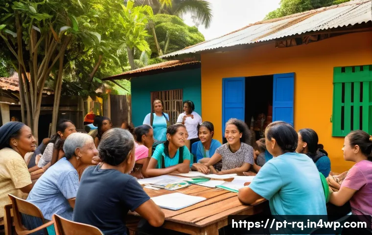 기후 변화에 대응하기 위한 주민 참여 방법 - A vibrant community environmental group meeting outdoors in a sunny Brazilian neighborhood, diverse ...