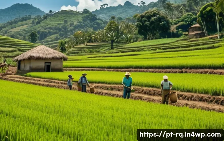 지속 가능한 개발과 기후 회복력의 연관성 - A vibrant rural scene in Brazil showing small-scale organic farmers practicing agroecological techni...