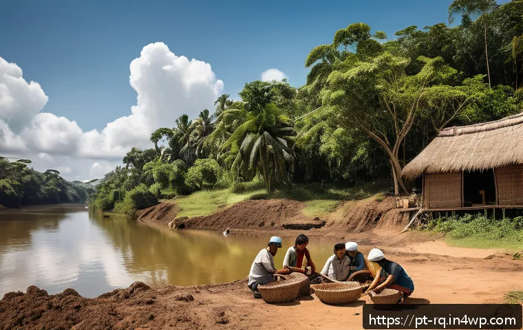 기후 변화에 대한 지역 주민의 인식 변화 - A vibrant Brazilian riverside community actively engaged in environmental conservation, featuring di...