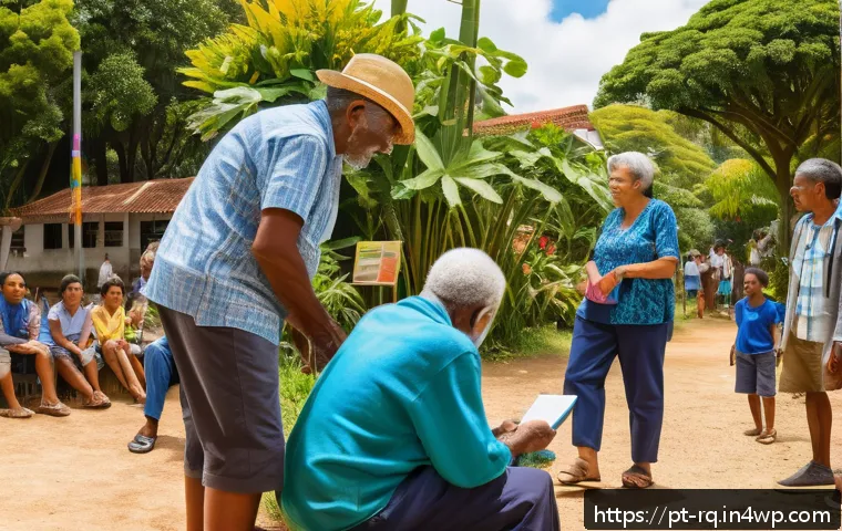 커뮤니티 회복력 강화를 위한 교육 프로그램 - A vibrant community meeting in a Brazilian neighborhood park during daylight, featuring diverse adul...