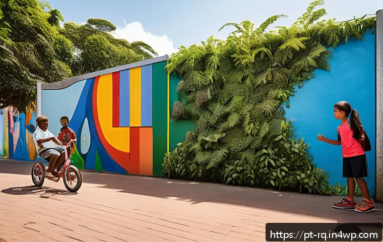 회복력 있는 커뮤니티 설계를 위한 디자인 원칙 - A vibrant multifunctional urban park in a Brazilian neighborhood, featuring diverse groups of people...