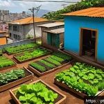 Home 20 기후 회복력 향상을 위한 주민 참여의 실제 - A vibrant community urban garden in a Brazilian favela, with diverse residents—women, elderly, and c...