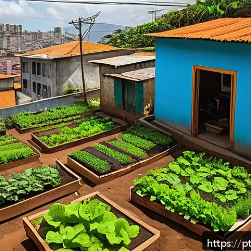 Home 32 기후 회복력 향상을 위한 주민 참여의 실제 - A vibrant community urban garden in a Brazilian favela, with diverse residents—women, elderly, and c...