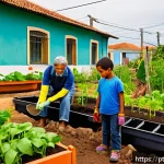 Home 19 기후 변화에 대한 커뮤니티의 장기적 대응 - A vibrant community garden scene in a Brazilian urban neighborhood, showcasing diverse people of all...