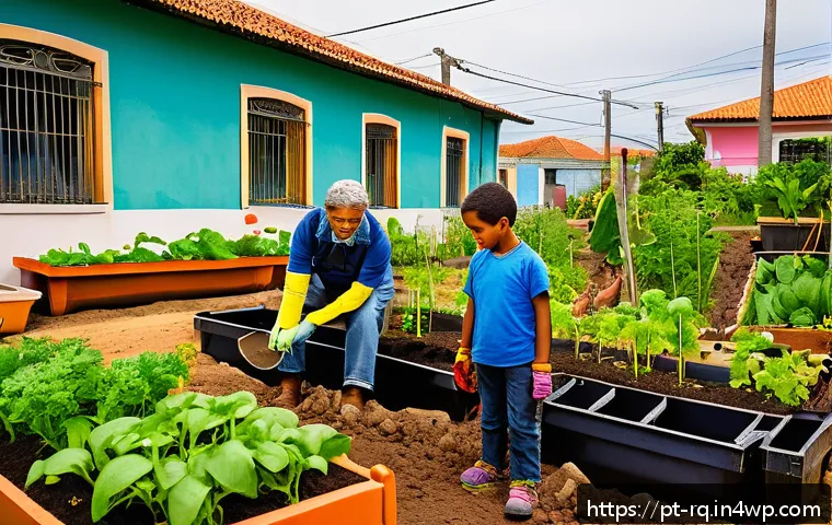 기후 변화에 대한 커뮤니티의 장기적 대응 - A vibrant community garden scene in a Brazilian urban neighborhood, showcasing diverse people of all...