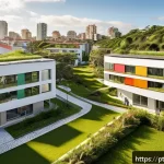 Home 23 탄소 중립 커뮤니티 설계의 중요성 - A vibrant urban neighborhood in Brazil with integrated green spaces: tree-lined streets, community p...