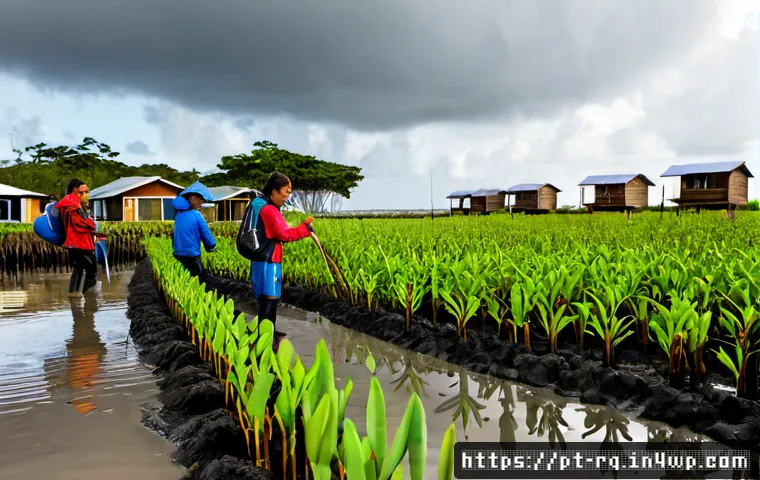 기후 회복력 커뮤니티의 필요성에 대한 인식 제고 - Photorealistic documentary-style scene in a Brazilian coastal community, diverse residents of all ag...