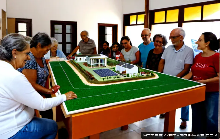 Home 17 커뮤니티 회복력을 위한 혁신적 정책 제안 - Photorealistic community resilience workshop in a sunlit Portuguese municipal hall, diverse resident...